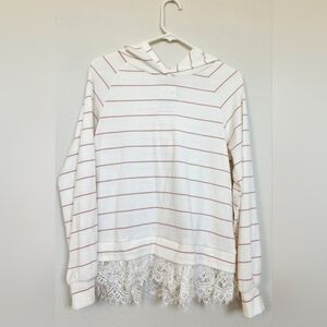 Large, white hoodie with burgundy stripes. Bottom lines with lace